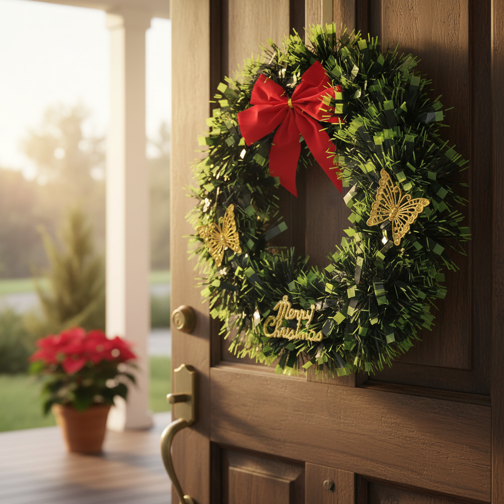 Christmas Wreath with Red Bow and Gold Butterflies