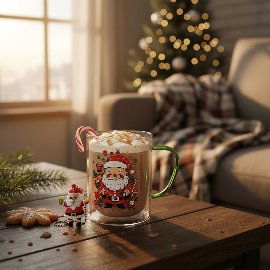 Santa Claus Glass Mug with Keychain