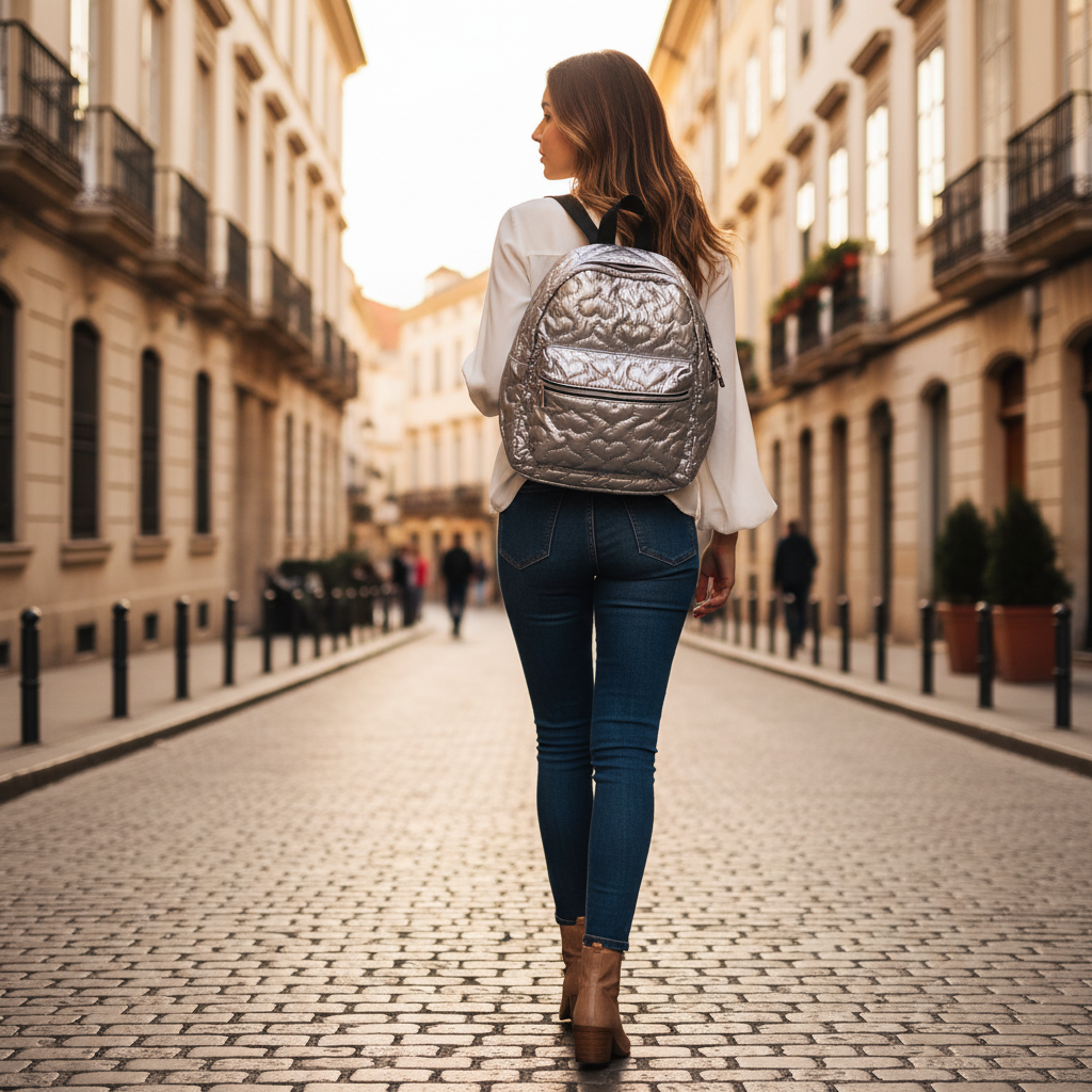 Quilted Metallic Silver Backpack