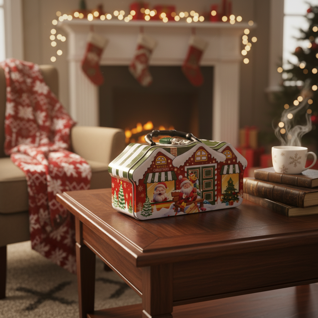 Christmas House Shaped Tin Box
