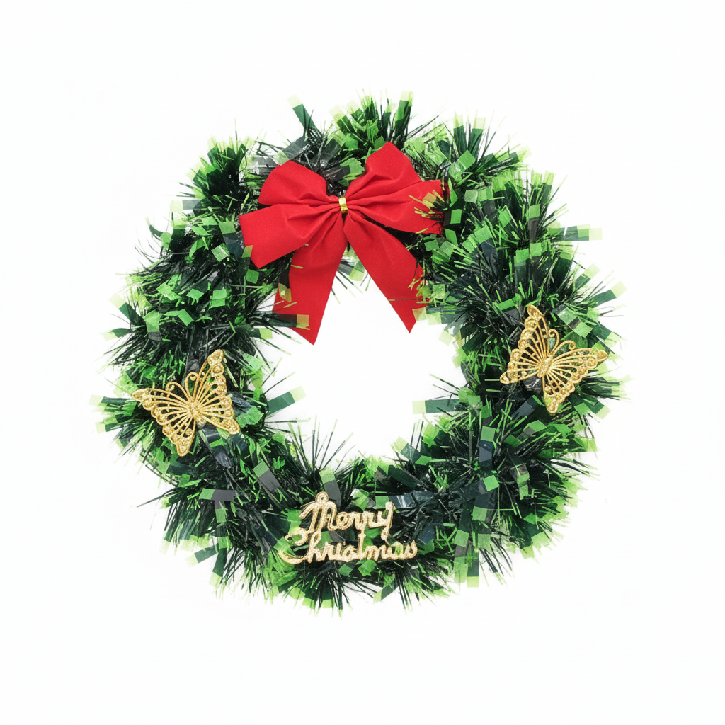 Christmas Wreath with Red Bow and Gold Butterflies