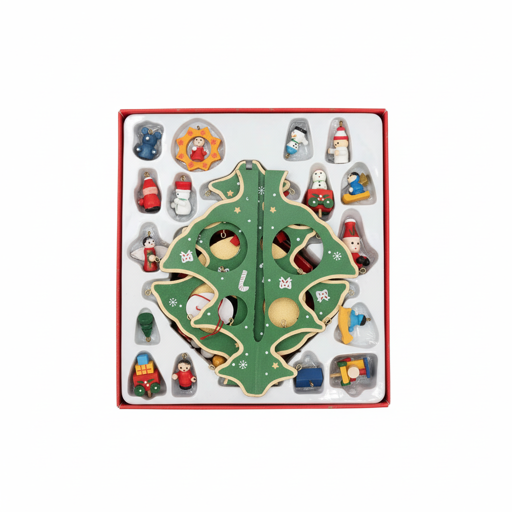 Mini Wooden Christmas Tree with Ornaments Set